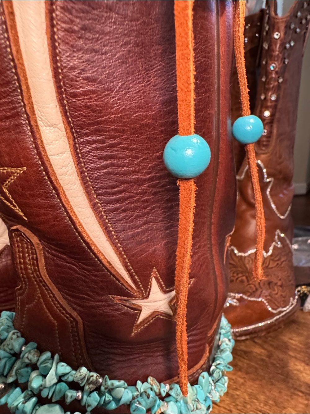 Lucchese Brown Leather Western Heeled Boots with Turquoise Accents - Picture 7 of 8